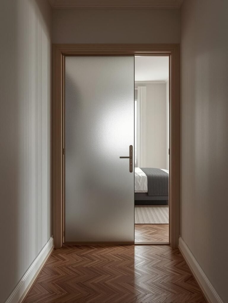 Porta in vetro scorrevole satinata tra corridoio e camera da letto