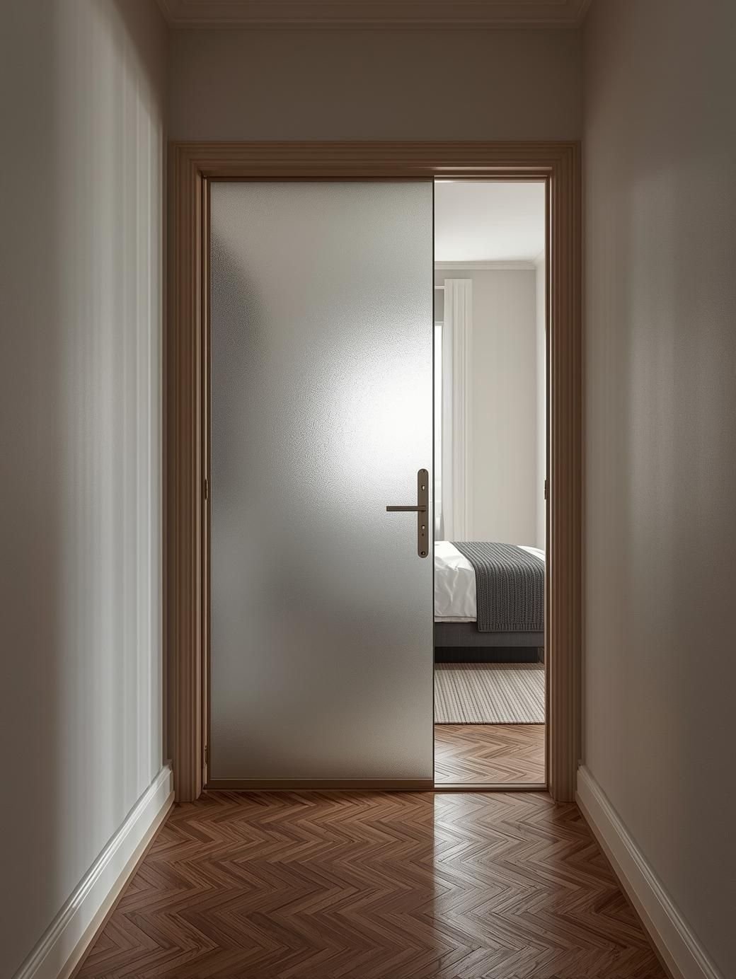 Porta in vetro scorrevole satinata tra corridoio e camera da letto Porta in vetro scorrevole satinata tra corridoio e camera da letto