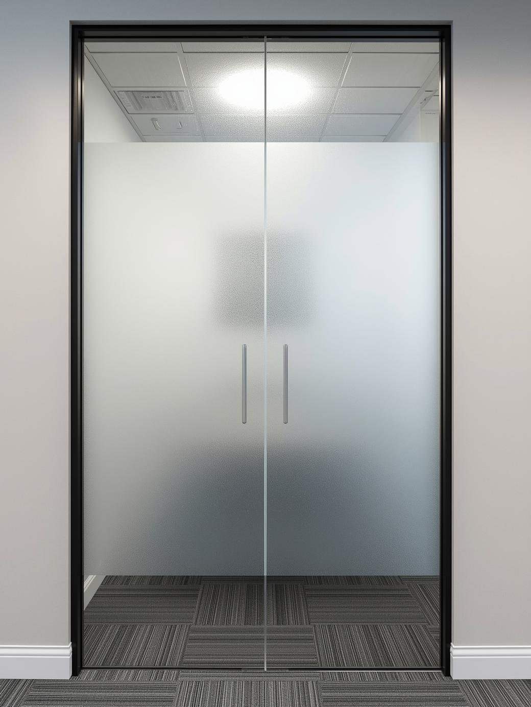 Porta satinata in vetro con decorazioni minima che divide una sala riunioni di un azienda.